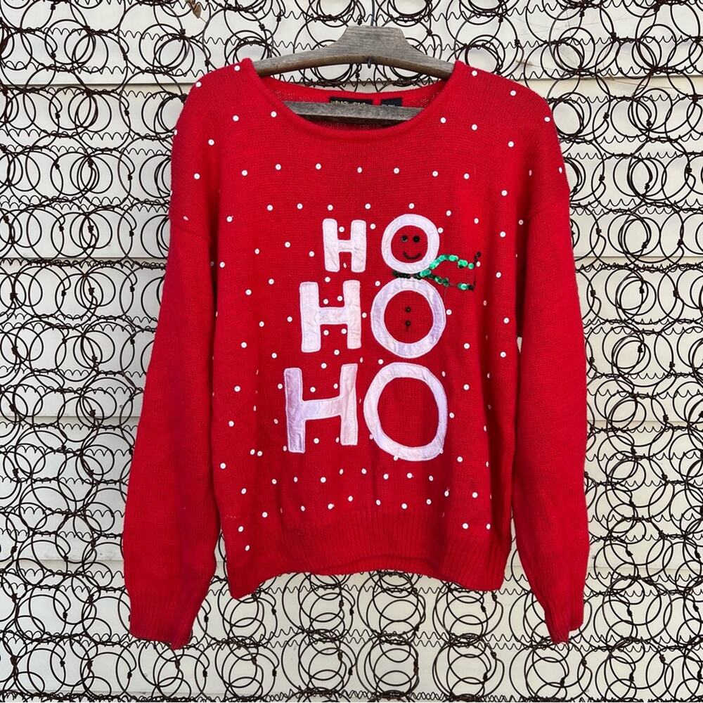 Vintage trimmings ho ho ho snowman ugly Christmas holiday sweater red